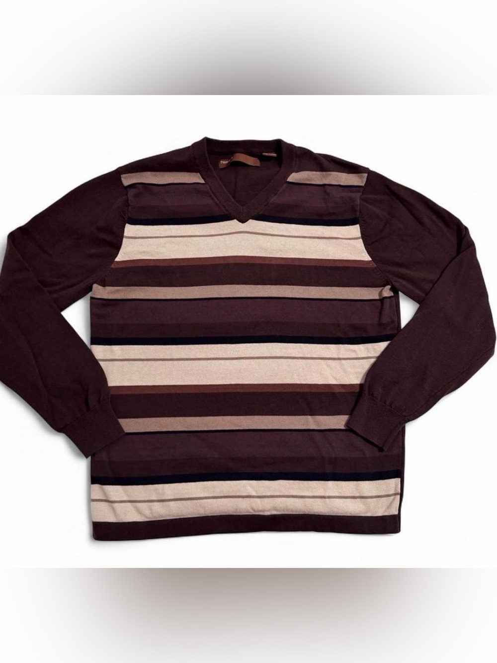 Perry Ellis Men's V-Neck Striped Sweater in Brown & Cream